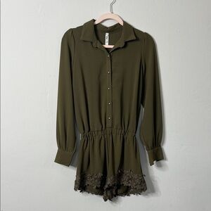 Kukukachu Olive Green Romper • Lace Trim • Long Sleeve Boho Chic